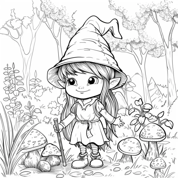 Cartoon elf girl with wizard hat and walking stick in forest, fairy tale cartoon style — free printable forest coloring book page