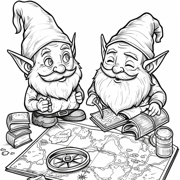Two cheerful gnomes looking at a treasure map, cartoon fantasy style — free printable friendship coloring book page