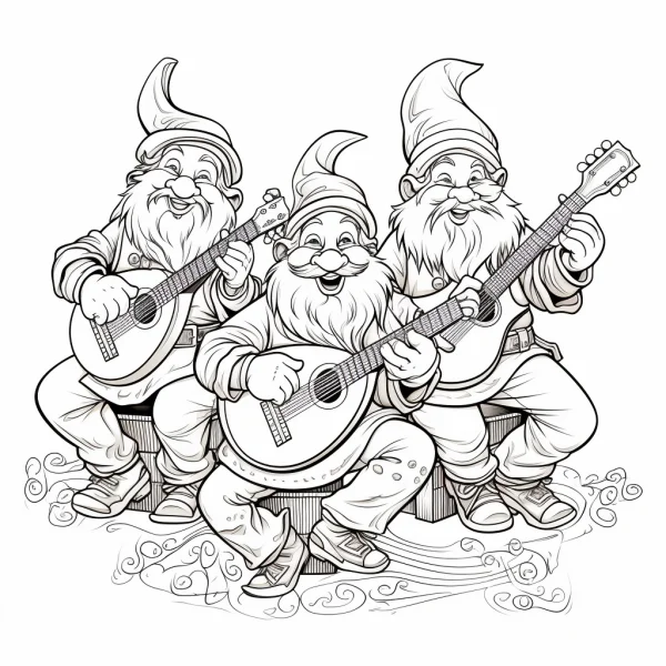 Three cheerful gnomes playing string instruments, cartoon style — free printable music coloring book page