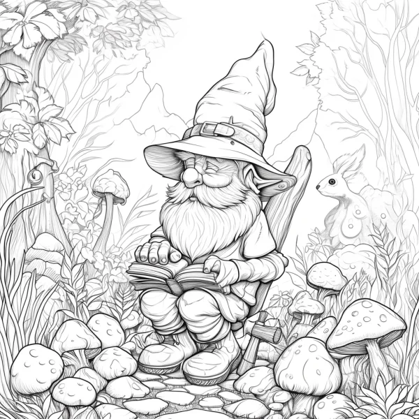 A gnome reading a book on a rocking chair, fairy tale cartoon style — free printable reading coloring book page