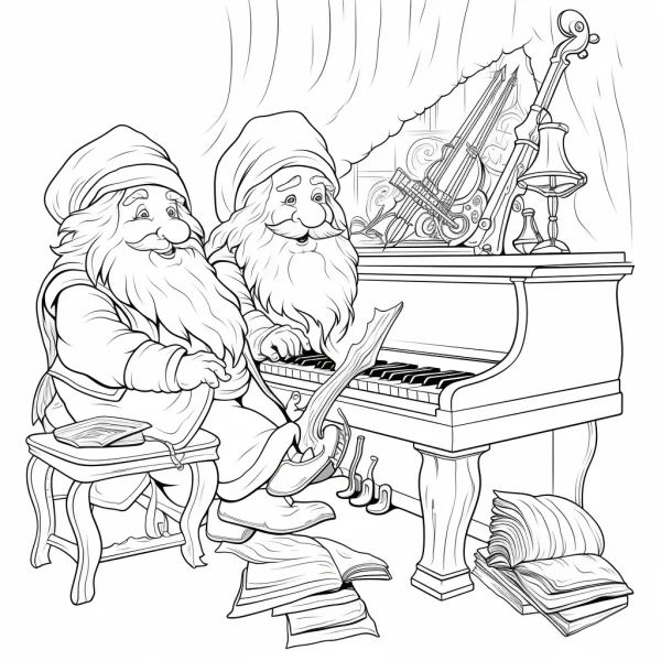 Two cheerful gnomes playing grand piano, cartoon fairy tale style — free printable music coloring book page