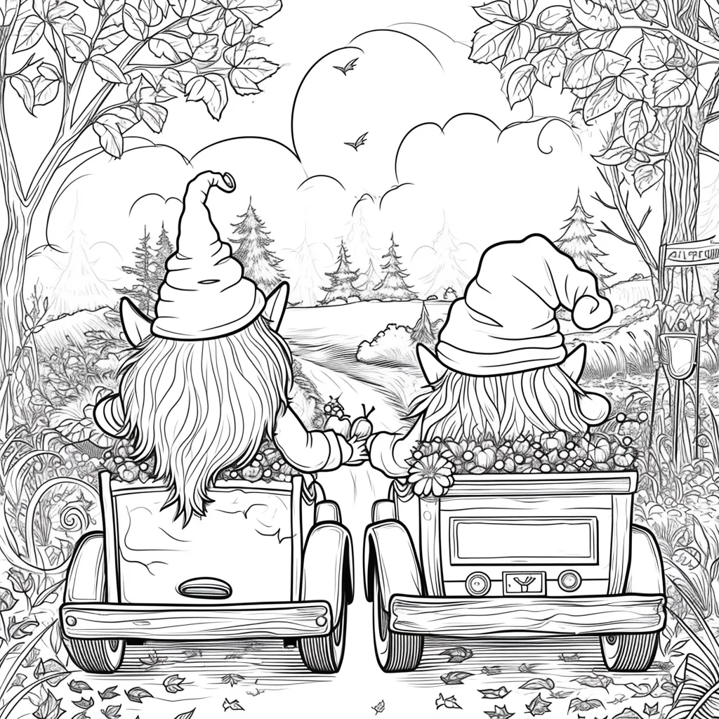 Two gnomes driving small cars on forest path in autumn, cartoon style — cartoon style — moderate detail — line art coloring page — for kids and adults of all ages