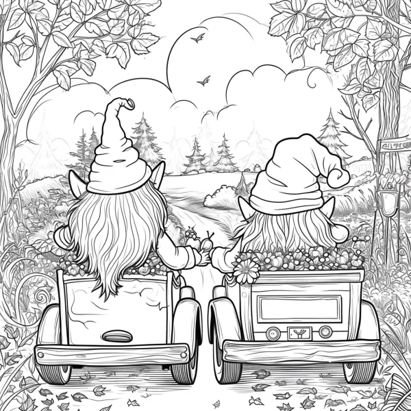 Two gnomes driving small cars on forest path in autumn, cartoon style — free printable autumn coloring book page