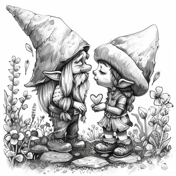 Two intimate gnome elves interacting, male gnome with long beard — free printable friendship coloring book page