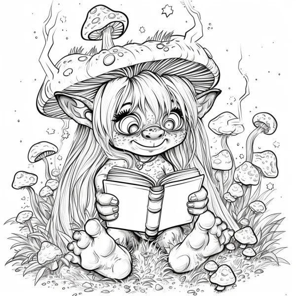 Cute mushroom elf reading a book, cartoon fairy tale style — free printable reading coloring book page