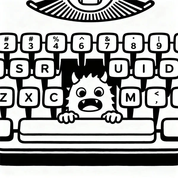 Cartoon little monster peeking from behind typewriter keys, cartoon style — free printable fantasy creatures coloring book page