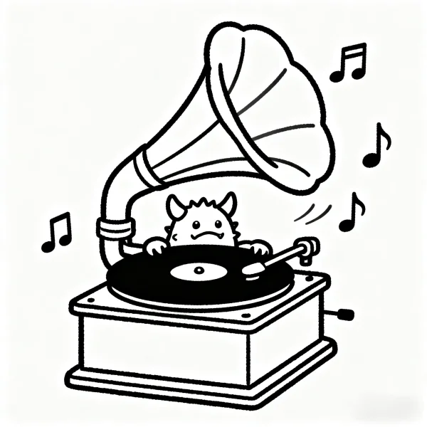 Cute little monster on a gramophone, cartoon style — free printable music coloring book page