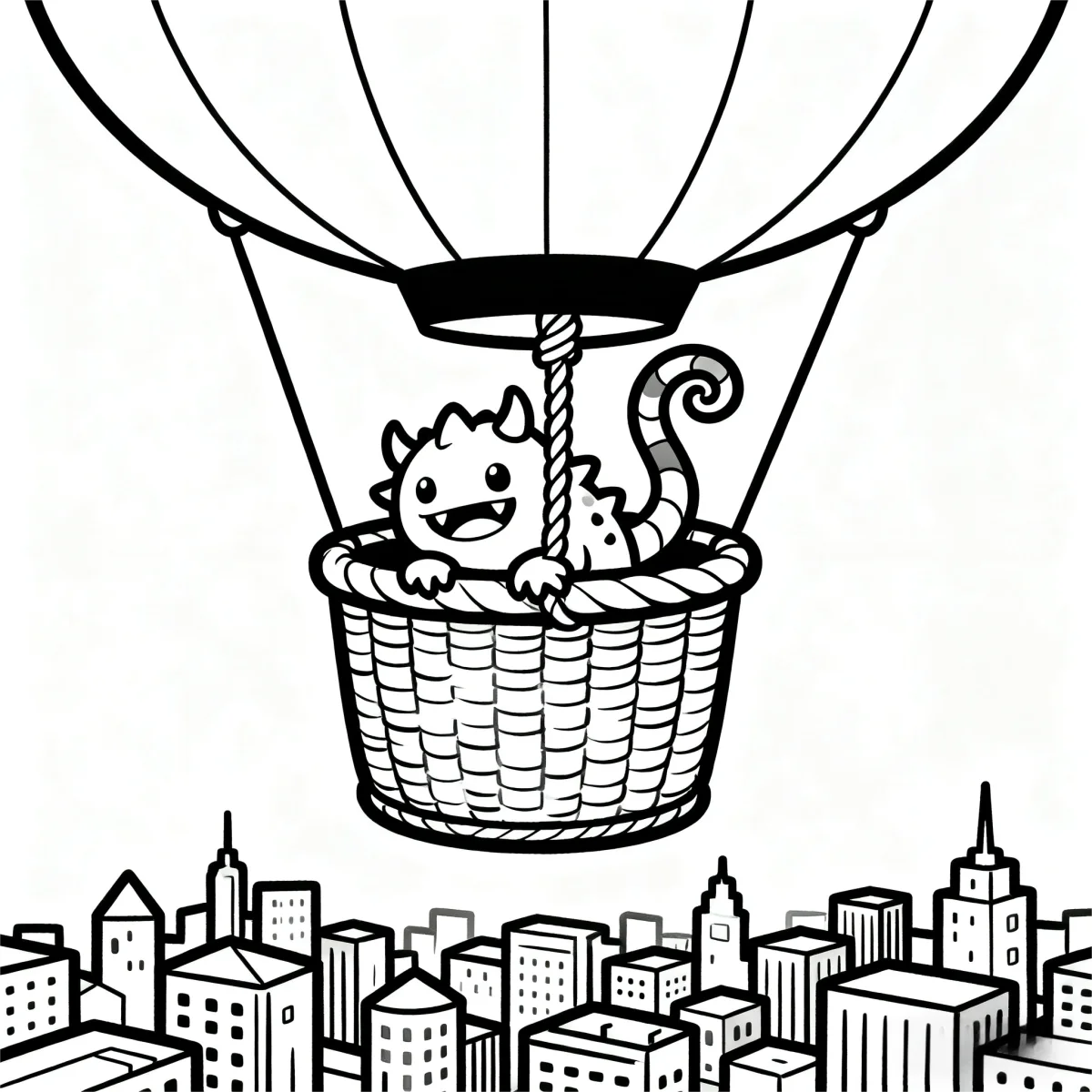 Cute little monster in hot air balloon basket flying over city skyline, cartoon style — cartoon style — beginner-friendly — line art coloring page — for kids and adults of all ages