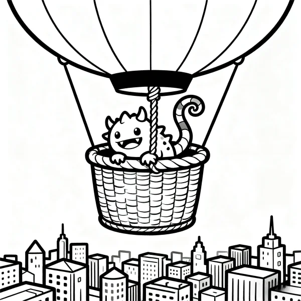 Cute little monster in hot air balloon basket flying over city skyline, cartoon style — free printable city coloring book page