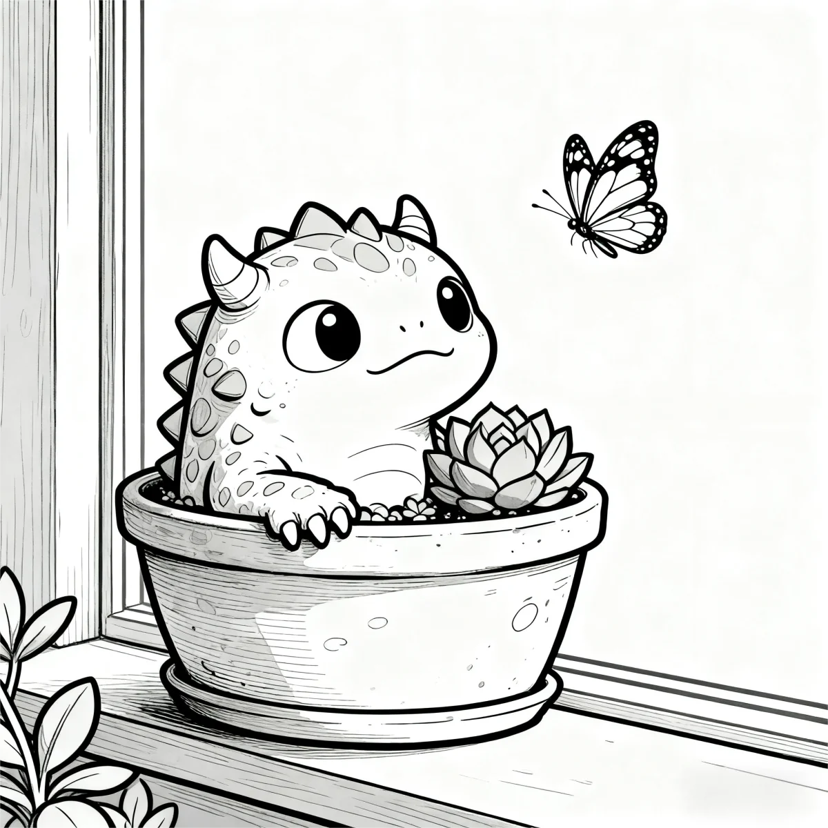 Cute fantasy monster in flower pot, cartoon style — cartoon style — moderate detail — line art coloring page — for kids and adults of all ages