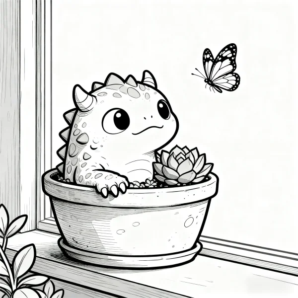 Cute fantasy monster in flower pot, cartoon style — free printable fantasy creatures coloring book page