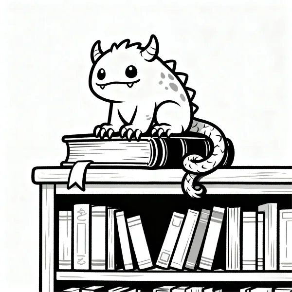 Cute cartoon little monster sitting on a thick book atop a bookshelf filled with books, cartoon style — free printable reading coloring book page