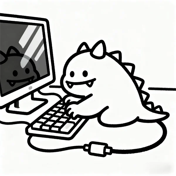 Cute little monster using computer and keyboard, cartoon style — free printable fantasy creatures coloring book page