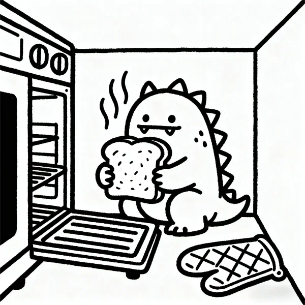Cute little monster holding a steaming toasted bread next to an oven in kitchen, cartoon style — free printable cooking coloring book page
