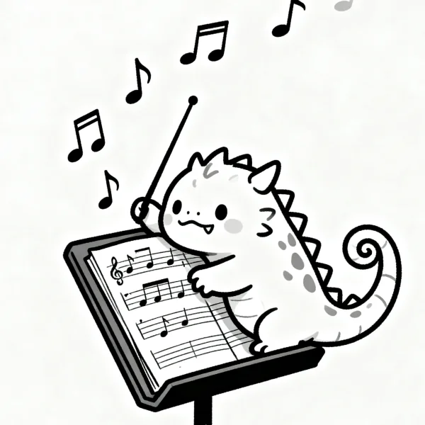 Cartoon little dragon, standing on a music stand — free printable music coloring book page