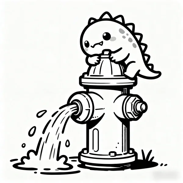 Cute cartoon little dinosaur sitting on fire hydrant with water flowing out, cartoon style — free printable life theme coloring book page