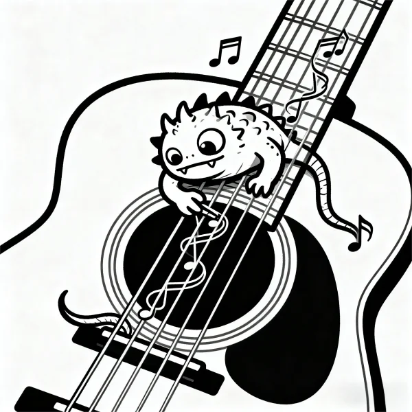 Cute little lizard on acoustic guitar, cartoon style — free printable music coloring book page