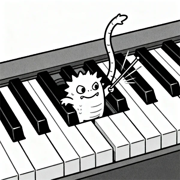 Cute little monster in piano keys, cartoon style — free printable music coloring book page