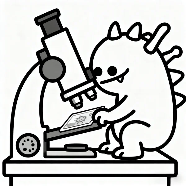 Cute fantasy monster using a microscope on a lab table, cartoon style — free printable learning coloring book page