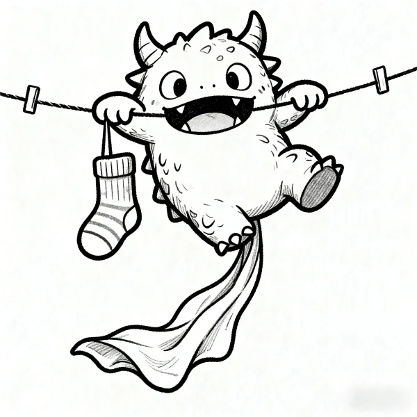 Cute fantasy little monster hanging on a clothesline with a striped christmas sock, cartoon style — free printable fantasy creatures coloring book page