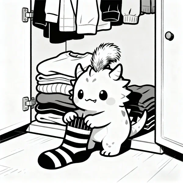 Cute fantasy little monster holding striped sock in wardrobe, cartoon style — free printable fantasy creatures coloring book page