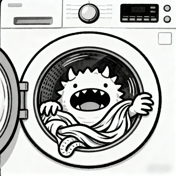 Cute little monster inside a washing machine, cartoon style — free printable other life themes coloring book page