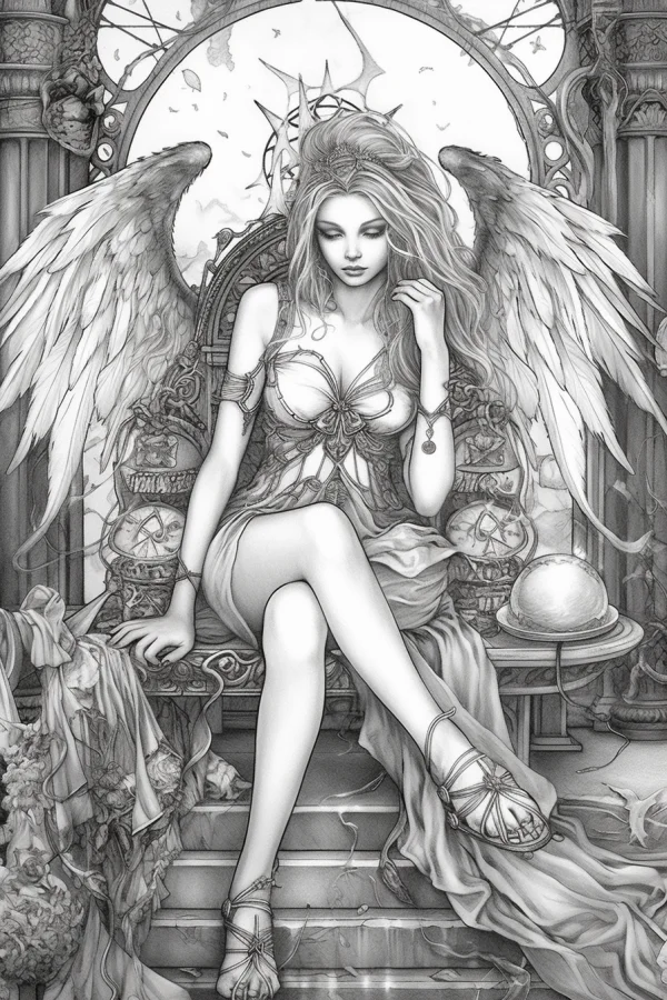 Winged angel sitting on an ornate classical throne, art nouveau style — free printable mythology coloring book page
