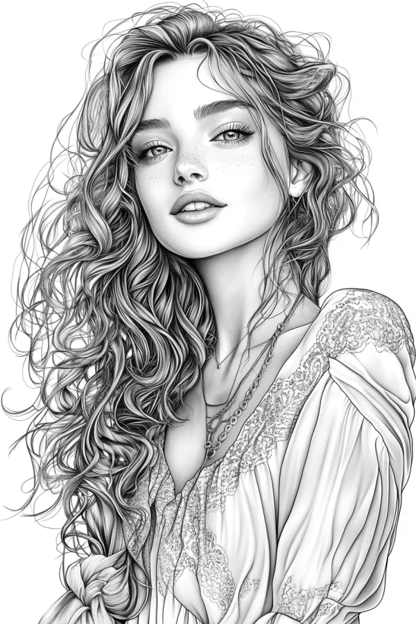 Curly-haired girl with freckles, realistic line art style — free printable life theme coloring book page