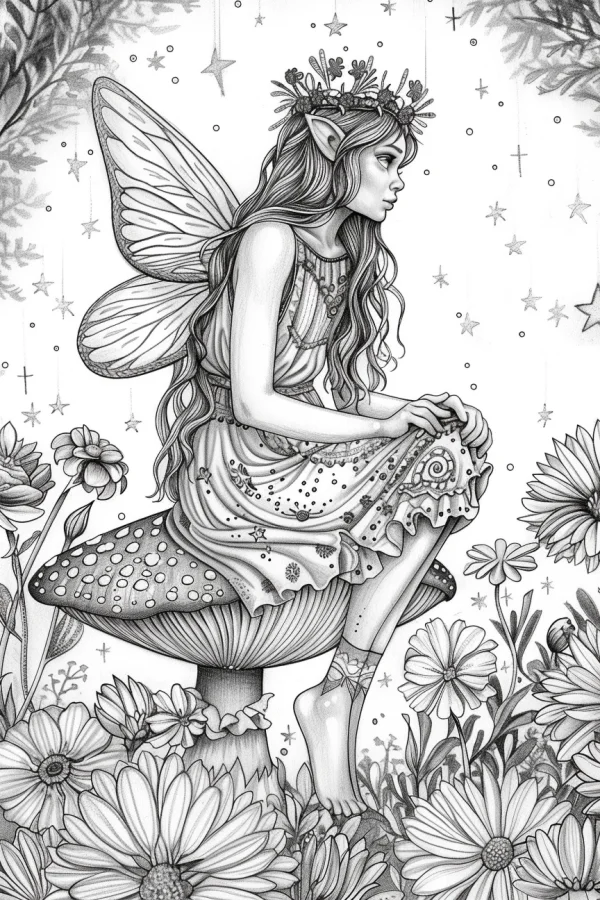 Fairy sitting on a spotted mushroom, fantasy style — free printable elves coloring book page