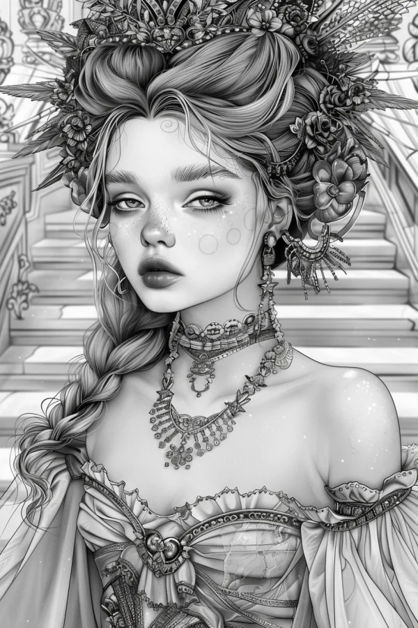 Gorgeous court girl with braided curly hair, vintage baroque royal style — free printable court coloring book page
