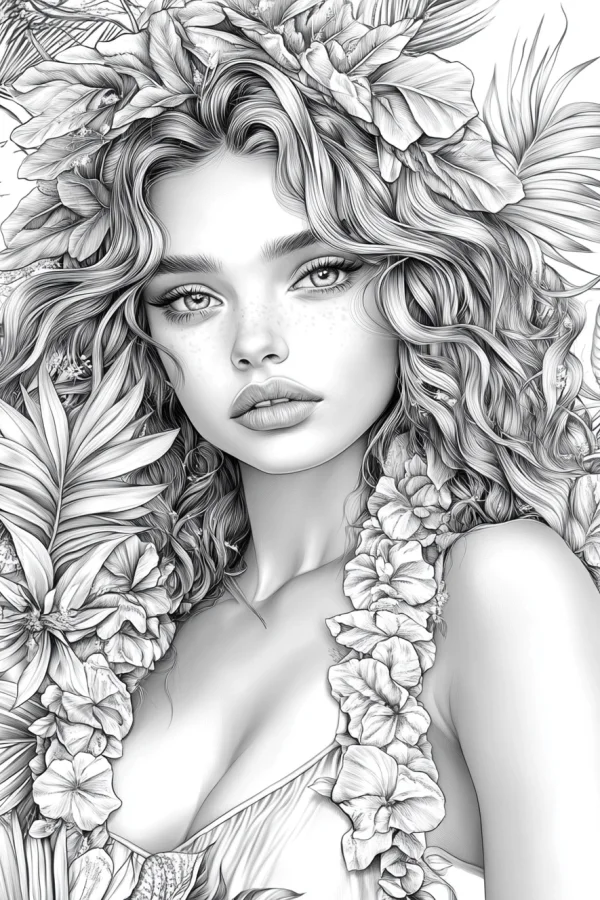Tropical curly-haired girl with floral headdress and leis, realistic line art style — free printable tropical style coloring book page