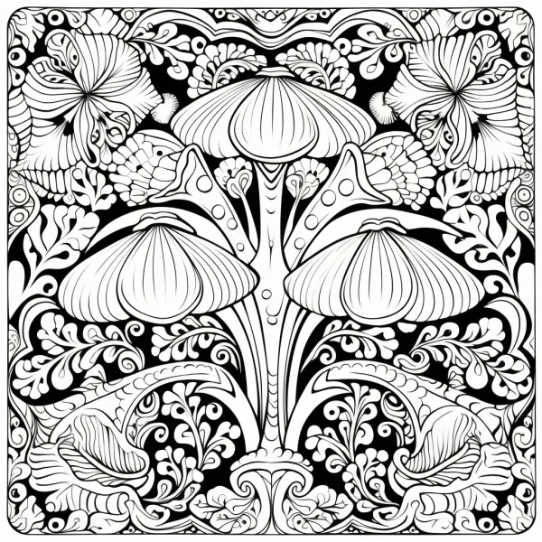 Decorative art nouveau style mushrooms surrounded by floral and vine patterns, intricate symmetrical organic decorative designs — free printable cultural theme coloring book page