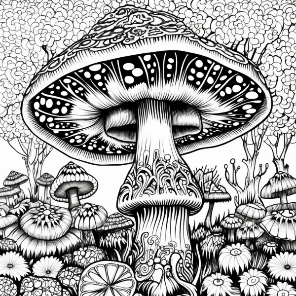 Giant fantasy patterned mushroom surrounded by small mushrooms and flowers, whimsical style — free printable nature theme coloring book page
