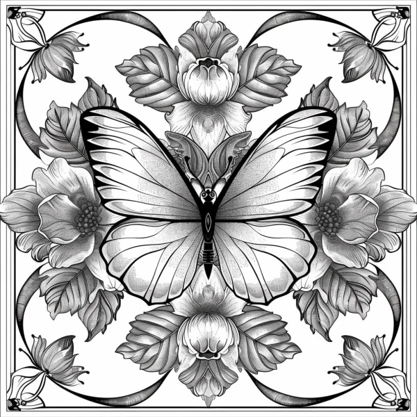 Butterfly surrounded by symmetrical peonies and floral blooms, decorative art style — free printable decorative art coloring book page