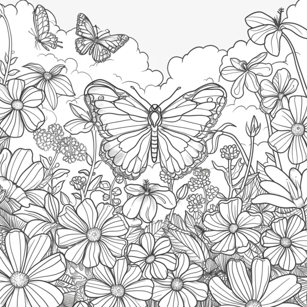 Large butterfly surrounded by various flowers and plants, nature sketch style — free printable spring coloring book page