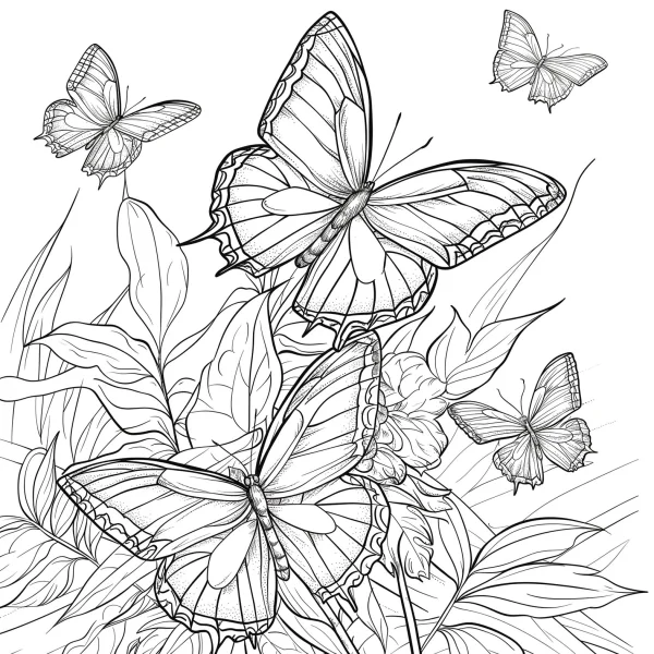 Group of butterflies with various plants and leaves, line art style — free printable insects coloring book page