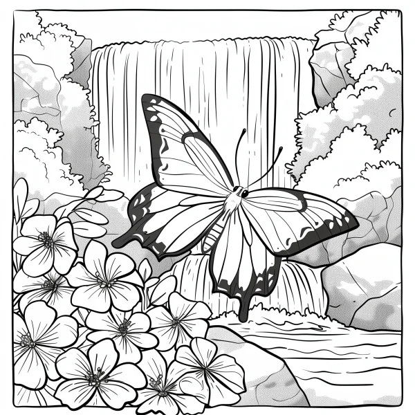 Butterfly with five-petal flowers in front of waterfall, natural landscape with rocks and stream — free printable nature theme coloring book page