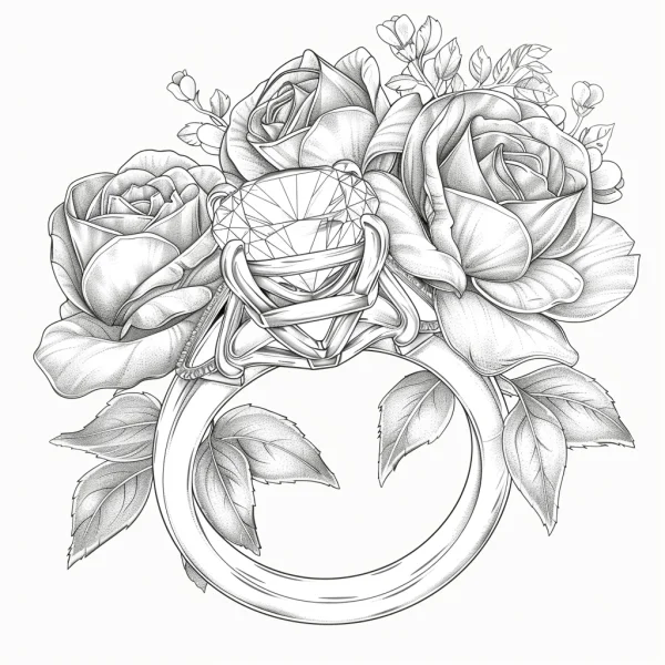Diamond engagement ring surrounded by blooming roses, sketch style — free printable wedding coloring book page