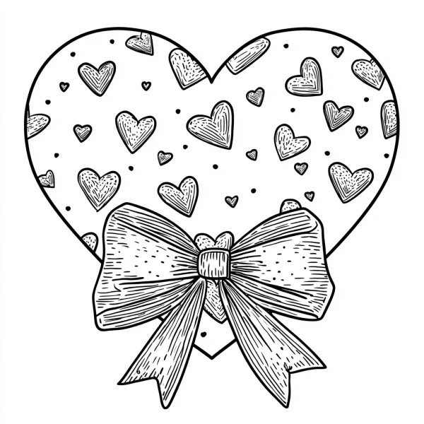 Heart with a large bow filled with small hearts and dot patterns, cartoon style — free printable valentine's day coloring book page