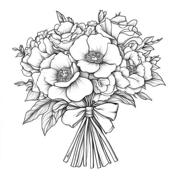 Flower bouquet with bow, realistic line art style — free printable nature theme coloring book page