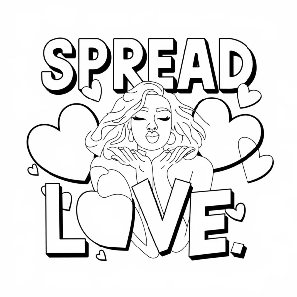 Girl blowing kisses with curly hair, surrounded by various hearts — free printable romance coloring book page