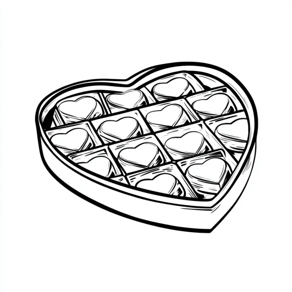 Heart-shaped chocolate box filled with heart-shaped chocolates, cartoon style — free printable valentine's day coloring book page