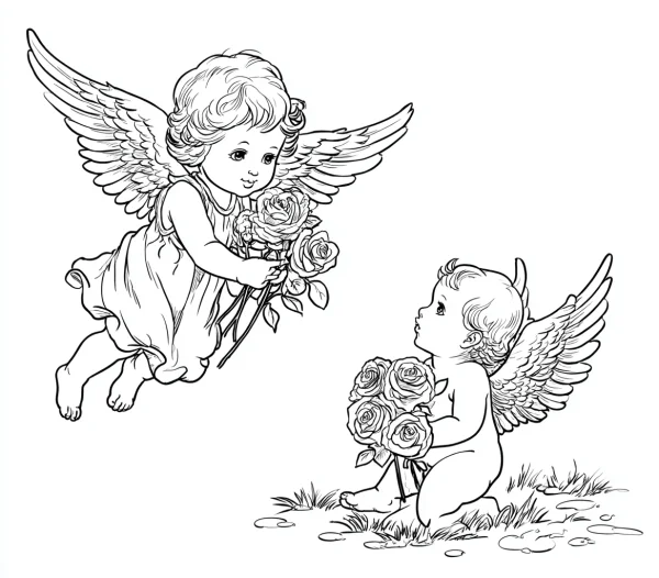 Two cute cupid angels holding roses, cartoon style — free printable valentine's day coloring book page