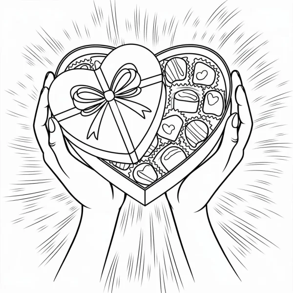 Hands holding heart-shaped chocolate gift box, sketch style — free printable valentine's day coloring book page