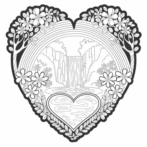 Heart-shaped frame with waterfall and lake scenery, surrounded by flowers and vines — free printable romance coloring book page
