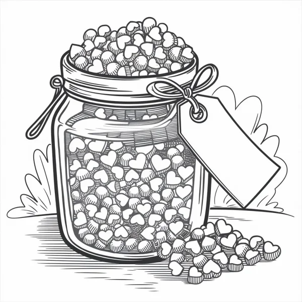 Glass jar filled with heart shapes, cartoon style — free printable valentine's day coloring book page