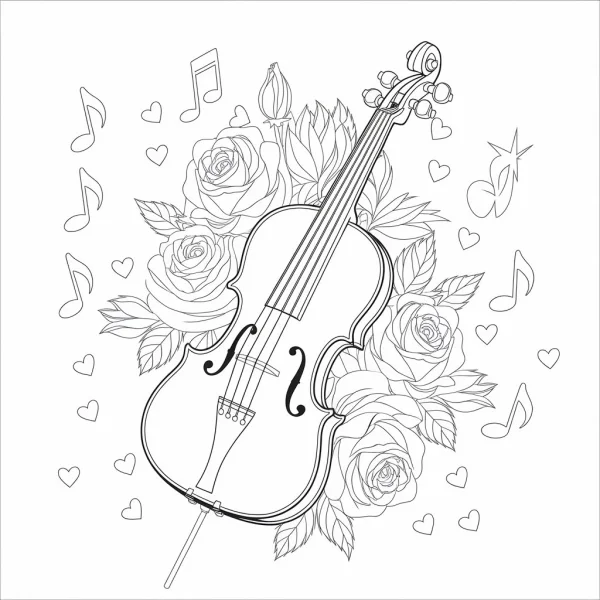 Violin surrounded by blooming roses and leaves, decorated with musical notes and heart shapes — free printable romance coloring book page