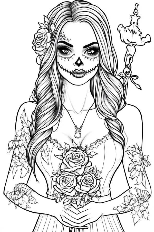 Day of the dead sugar skull girl with roses and floral tattoos, western illustration style — free printable day of the dead coloring book page