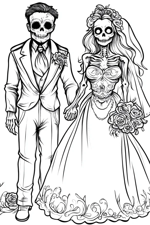 Skeleton bride and groom in wedding outfits, day of the dead theme — free printable wedding coloring book page