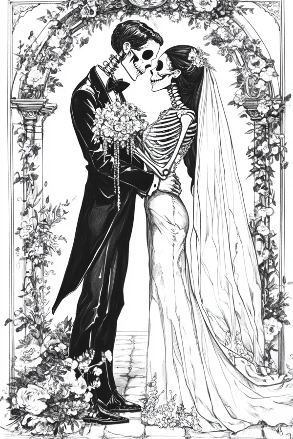 Skeleton wedding couple, dark gothic style — free printable wedding coloring book page